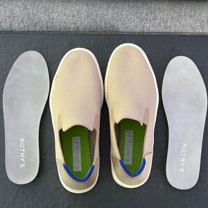 Rothy's Tan Slip-On Shoes with Blue Trim